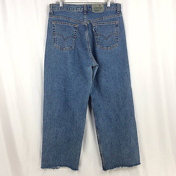 VTG Levis Silvertab Wide Leg Jeans Womens 14 Baggy Skate Y2K 90s Frayed Hem - Picture 2 of 7
